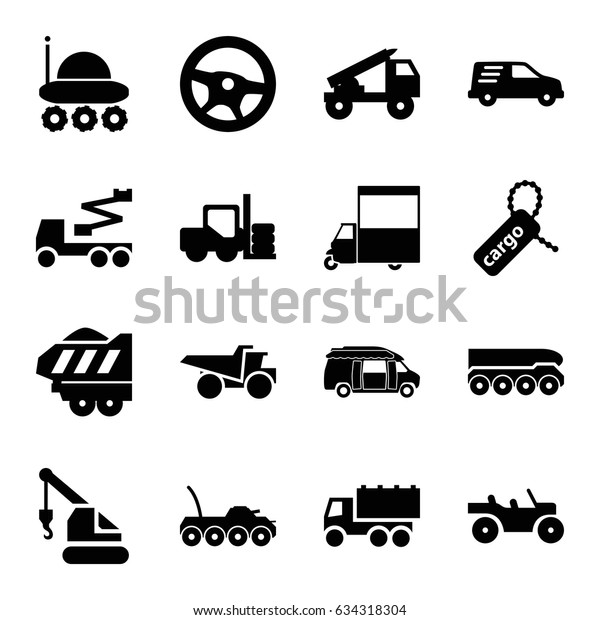 Truck icons set. set of 16 truck filled icons\
such as forklift, crane, van, cargo tag, delivery car, cargo\
trailer, military car,\
tractor