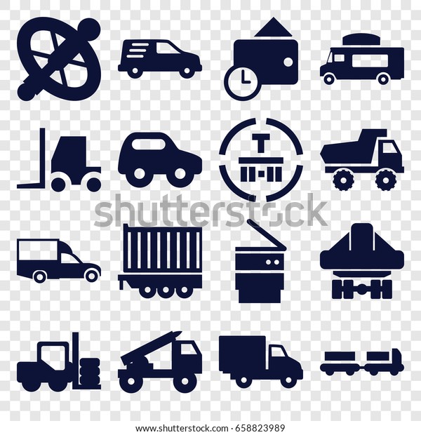 Truck icons set. set of\
16 truck filled icons such as forklift, toy car, tractor, van,\
cargo terminal, cargo plane back view, delivery car, cargo trailer,\
trash bin, wallet