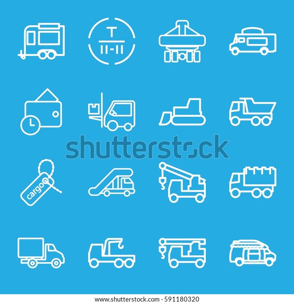 truck icons set. Set of 16 truck outline\
icons such as tractor, trailer, van, cargo tag, cargo terminal,\
forklift, cargo plane back view, delivery\
car