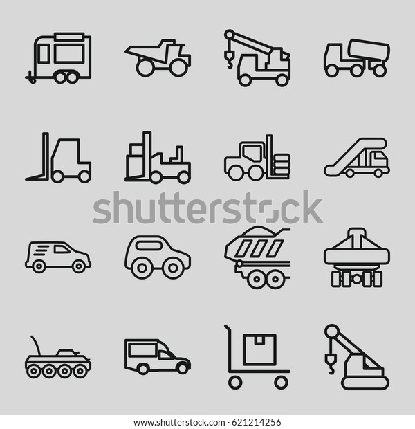 Truck icons set. set of 16\
truck outline icons such as forklift, toy car, tractor, crane,\
concrete mixer, van, trailer, cargo on cart, cargo plane back view,\
delivery car
