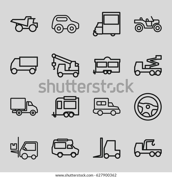 Truck icons\
set. set of 16 truck outline icons such as toy car, tractor, crane,\
trailer, van, forklift, delivery\
car