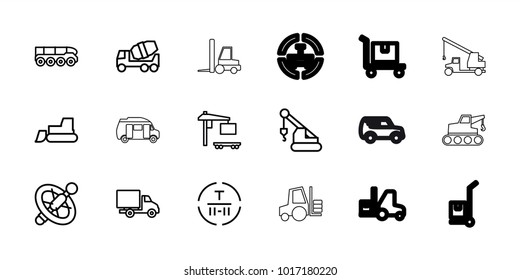 Truck icons. set of 18 editable outline truck icons: concrete mixer, tractor, crane, wheel, cargo terminal, delivery car, forklift, cargo on cart