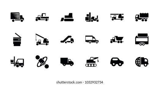 Truck icons. set of 18 editable filled truck icons: toy car, tractor, international delivery, forklift, delivery car, trash bin, concrete mixer, wheel, van