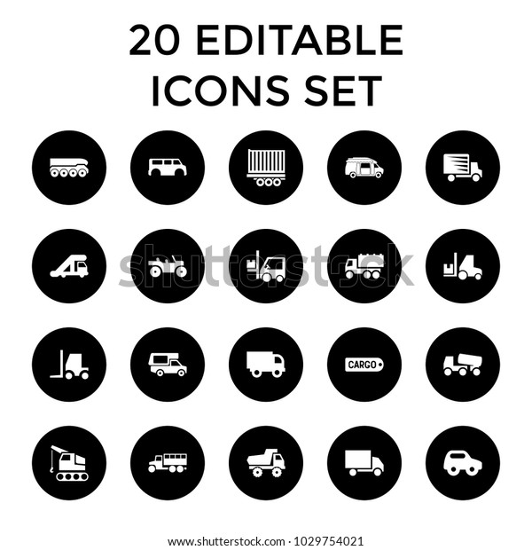Truck icons. set\
of 20 editable filled truck icons such as toy car, tractor,\
concrete mixer, van, forklift, crane, cargo tag. best quality truck\
elements in trendy\
style.