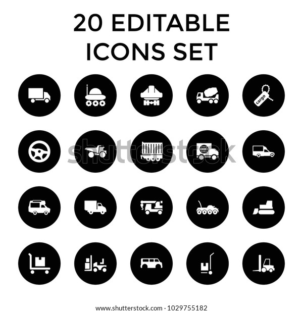 Truck icons. set of 20 editable\
filled truck icons such as concrete mixer, tractor, forklift,\
wheel, van, cargo tag. best quality truck elements in trendy\
style.