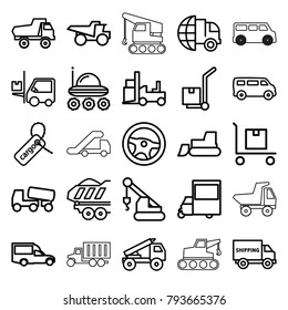 Truck icons. set of 25 editable outline truck icons such as toy car, van, tractor, crane, concrete mixer, forklift, international delivery, wheel, cargo tag, cargo on cart