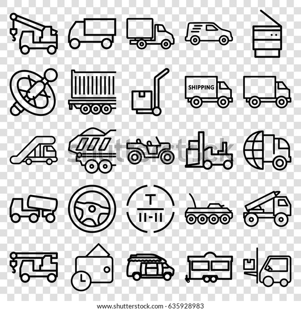 Truck icons set.
set of 25 truck outline icons such as concrete mixer, forklift,
trailer, van, cargo terminal, cargo on cart, delivery car, cargo
trailer, trash bin,
wallet