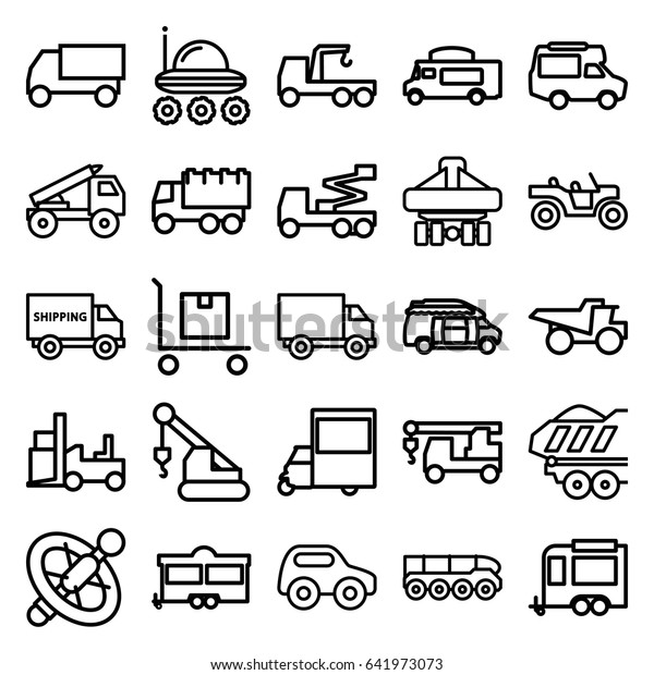 Truck icons set. set of 25 truck outline\
icons such as toy car, crane, forklift, trailer, van, cargo on\
cart, cargo plane back view, cargo trailer,\
wheel