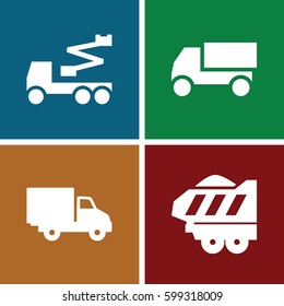 truck icons set. Set of 4 truck filled icons such as truck, crane, delivery car