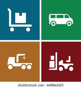 Truck icons set. set of 4 truck filled icons such as van, truck with hook, forklift