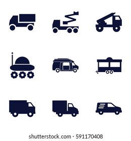 truck icons set. Set of 9 truck filled icons such as crane, trailer, van, delivery car
