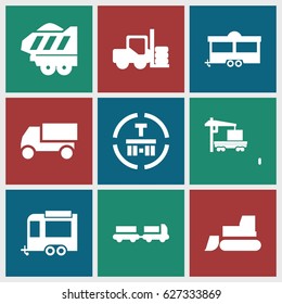 Truck icons set. set of 9 truck filled icons such as forklift, tractor, trailer, cargo terminal