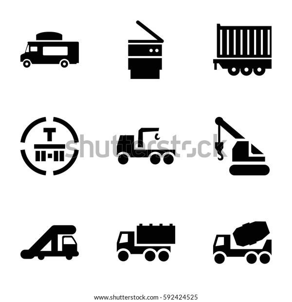 truck icons\
set. Set of 9 truck filled icons such as concrete mixer, crane,\
van, cargo terminal, cargo\
trailer