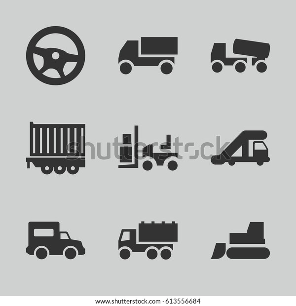 Truck icons set. set of 9\
truck filled icons such as tractor, concrete mixer, forklift, cargo\
trailer