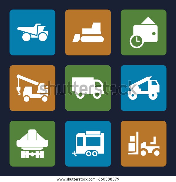Truck icons set. set of 9\
truck filled icons such as tractor, forklift, trailer, cargo plane\
back view