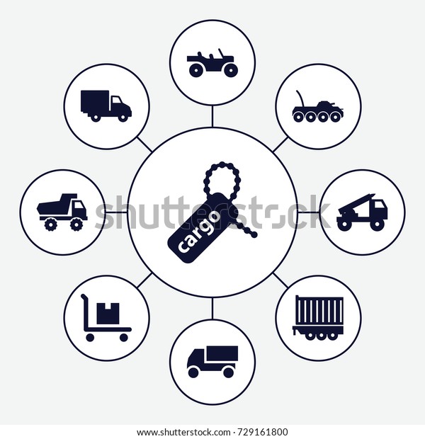 Truck icons\
set. set of 9 truck filled icons such as toy car, cargo tag, cargo\
on cart, delivery car, cargo\
trailer