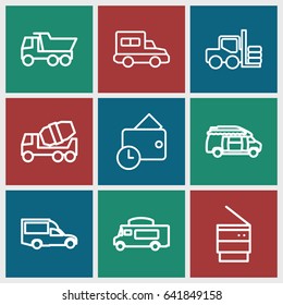 Truck icons set. set of 9 truck outline icons such as forklift, concrete mixer, truck, van, trash bin