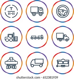 Truck icons set. set of 9 truck outline icons such as forklift, trailer, cargo terminal, cargo plane back view, delivery car