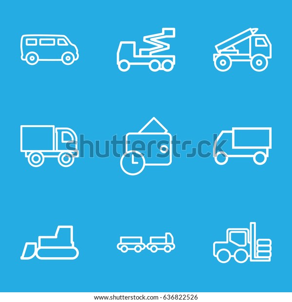 Truck icons set. set of 9 truck outline\
icons such as forklift, van, tractor,\
crane
