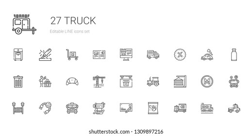 truck icons set. Collection of truck with delivery truck, products, postcard, airship, school bus, toy, subway, container, tractor, real estate. Editable and scalable icons.