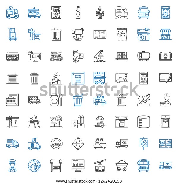 truck icons set.\
Collection of truck with mail truck, school bus, wagon, cable car,\
real estate, subway, products, postman, postcard, sale. Editable\
and scalable truck\
icons.