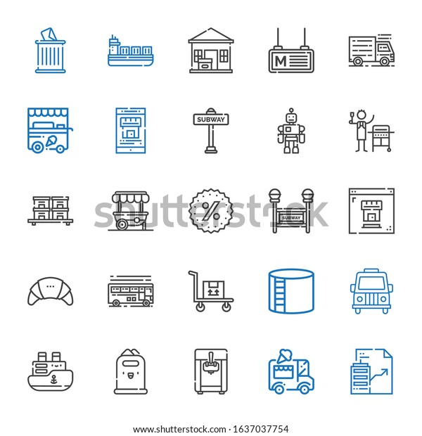 truck icons set.\
Collection of truck with real estate, ice cream car, ice cream\
machine, paper bin, ship, van, industry tank, transportation.\
Editable and scalable truck\
icons.