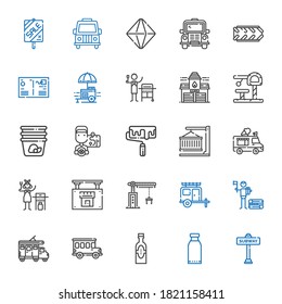 truck icons set. Collection of truck with subway, products, bus, trailer, wood, van, crane, real estate, gas, ice cream truck, container, roller. Editable and scalable icons.