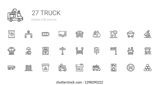 truck icons set. Collection of truck with toy, trailer, sale, ice cream car, waste, warehouse, bus, metro, subway, ice cream machine, food stall. Editable and scalable truck icons.