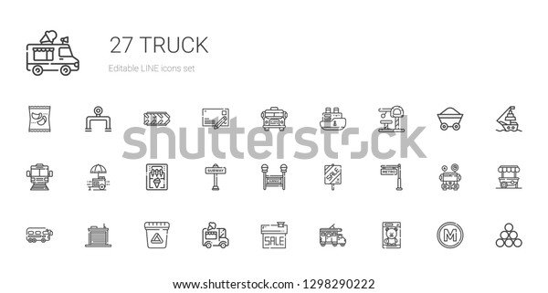 truck icons\
set. Collection of truck with toy, trailer, sale, ice cream car,\
waste, warehouse, bus, metro, subway, ice cream machine, food\
stall. Editable and scalable truck\
icons.