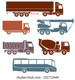Truck icons set isolated on white background. Vector collection of vehicles: Concrete mixer truck, Truck crane, Dump truck, Truck with cargo container, Lorry and Bus.