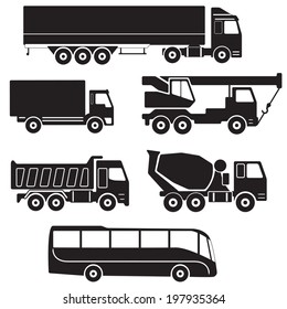 Truck icons set. Vector collection of vehicles:  Concrete mixer truck, Truck crane, Dump truck, Truck with cargo container, Lorry and Bus.