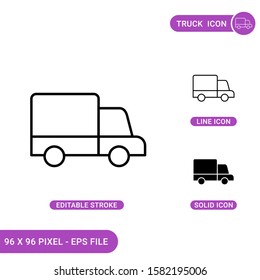 Truck icons set vector illustration with solid icon line style. Delivery truck concept. Editable stroke icon on isolated background for web design, infographic and UI mobile app.