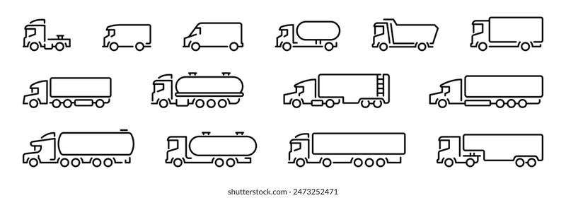 Truck icons. Truck vector icon set. Outline truck icons. Outline car icons. Types of transport