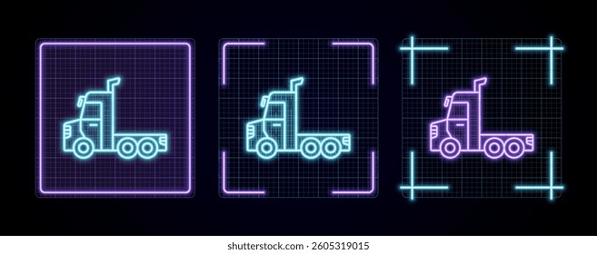 Truck illustration, cyber neon visual, glowing border grid vector.