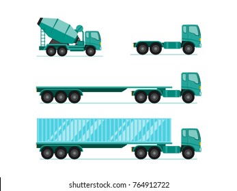 Truck illustration sets. trailer with container, long vehicle, cement mixer truck with flat design style vector illustration.