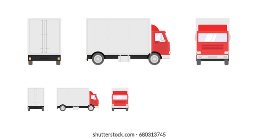 Truck illustration. Side, front, back views of transport truck isolated on white background. Pixel perfect, modern flat design illustration.