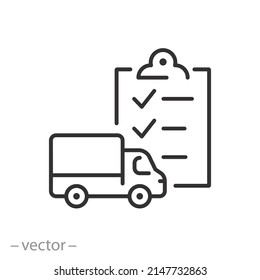 icono de inspección de camiones, vehículo de lista de comprobación de mantenimiento, reparación automática del técnico, control de aduanas, símbolo de línea delgada sobre fondo blanco - ilustración de vector de trazo editable