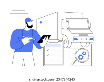 Truck inspection abstract concept vector illustration. Truck driver checking vehicle, cargo maintenance, export business, transportation by road, foreign trade industry abstract metaphor.