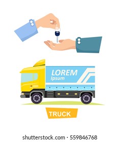 Truck isolated yellow-blue lorry and hand passing key vector illustration in flat style. Process of buying or renting truck. Giving key and vehicle on white. Sales and agreements in cartoon design