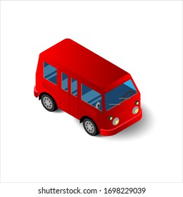 Truck isometric icon. Red travel mini bus. Flat 3d vector illustration isolated on white background. Delivery. Van vehicle.