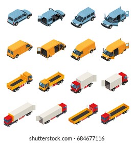 Truck isometric set of isolated cargo transport images of vehicles with opened doors of load box vector illustration