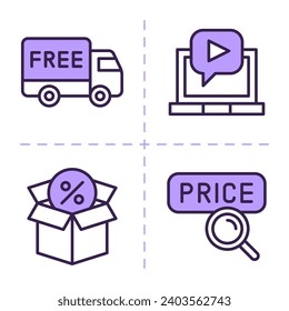 Truck laptop box magnifier. Two colored icons. Vector Illustration
