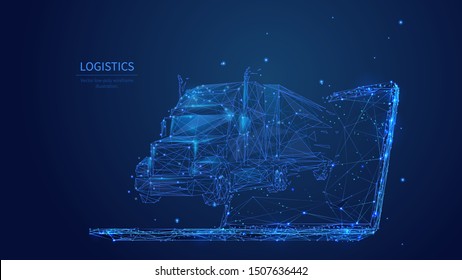 Truck and laptop low poly art illustration. 3d polygonal cargo transport. Online delivery service concept with connected dots and lines. Logistics and distribution vector color wireframe mesh