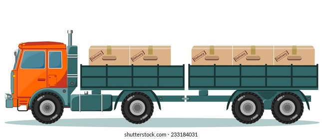 Truck With Large Wheels And Cargo Boxes on Trailer, The Load In The Form Of Boxes, Stock Vector Illustration