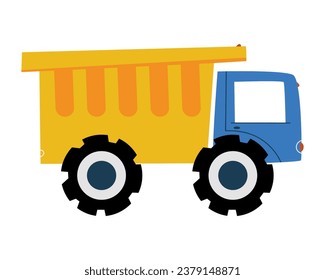 Truck with a large yellow body. Blue cab, big black wheels. Children's toy - truck. Flat vector illustration.