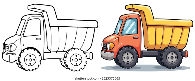 Truck Line Art Vector Outline Illustration Black and White with Coloring Sample