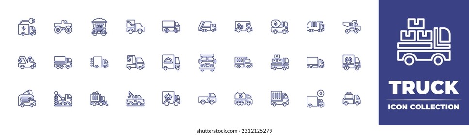 Truck line icon collection. Editable stroke. Vector illustration. Containing truck, dump, cargo, tow, pickup, garbage, recycling, shipping, mini truck, delivery truck, ladder.