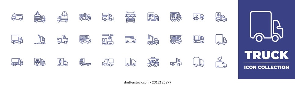 Colección de iconos de la línea del camión. Trazo editable. Ilustración vectorial. Consta de envío, camión en movimiento, entrega, cemento, mezclador, carga, recogida, camión, grúa, exportación.