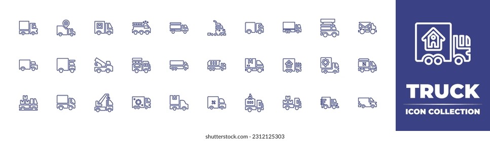 Truck line icon collection. Editable stroke. Vector illustration. Containing delivery, moving truck, recycling, truck, express delivery, garbage, dump, trash truck, crane.