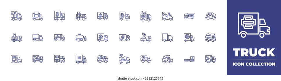Truck line icon collection. Editable stroke. Vector illustration. Containing fire, delivery, pick up, lorry, container, truck, semi truck, pickup, food, van, crane.